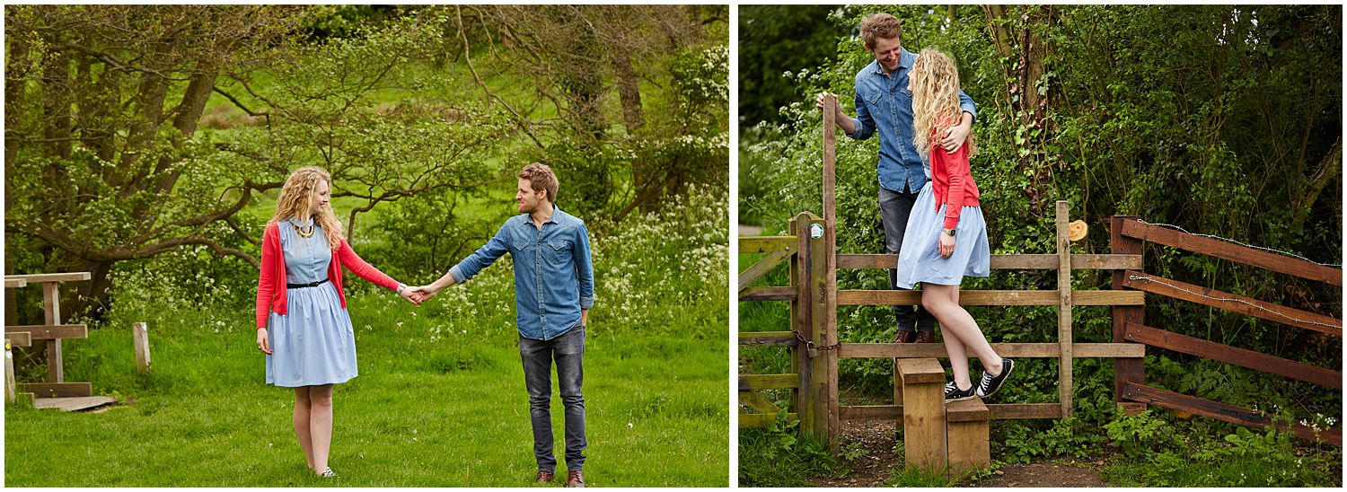 Two photos of an engaged couple in the country 